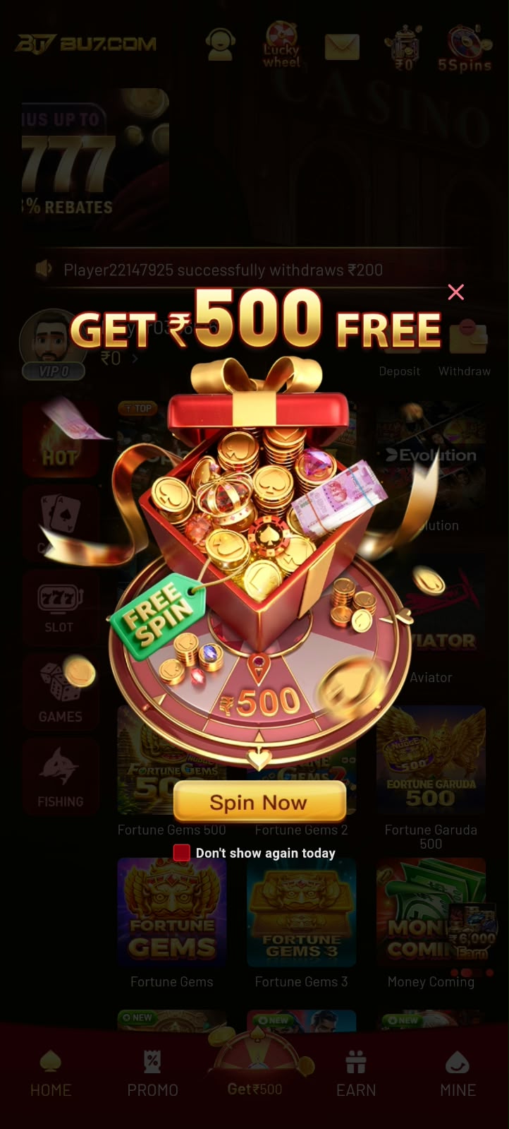 BU7 Game ₹500 Free Spin Bonus Offer